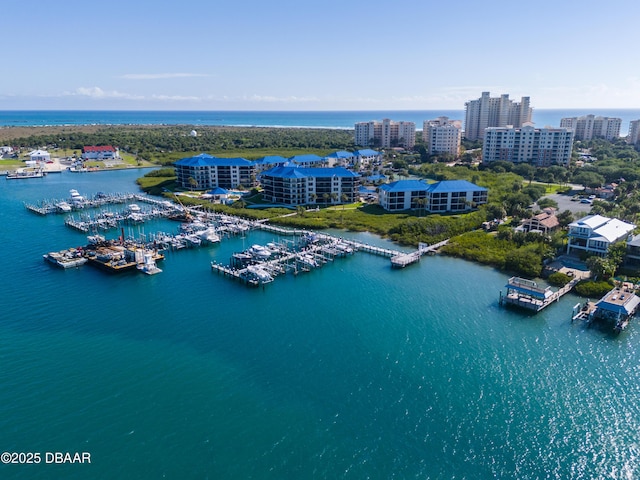 drone / aerial view featuring a water view and a city view