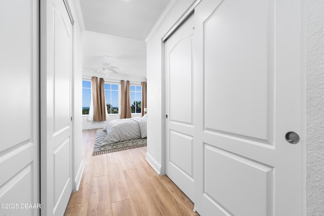 hallway featuring light wood finished floors and ornamental molding