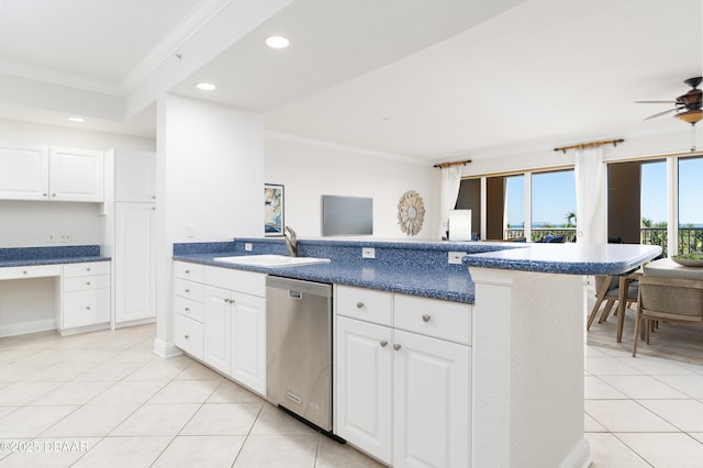 kitchen featuring light tile patterned flooring, ceiling fan, a sink, stainless steel dishwasher, and crown molding