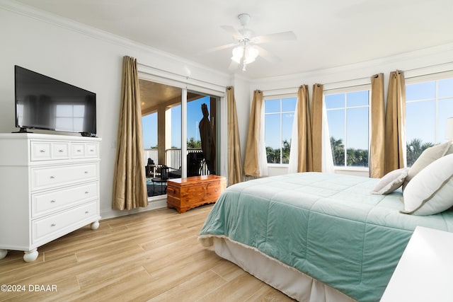 bedroom with access to exterior, ceiling fan, crown molding, and light hardwood / wood-style floors