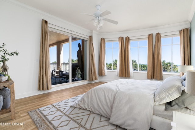 bedroom featuring wood finished floors, baseboards, ceiling fan, access to exterior, and crown molding