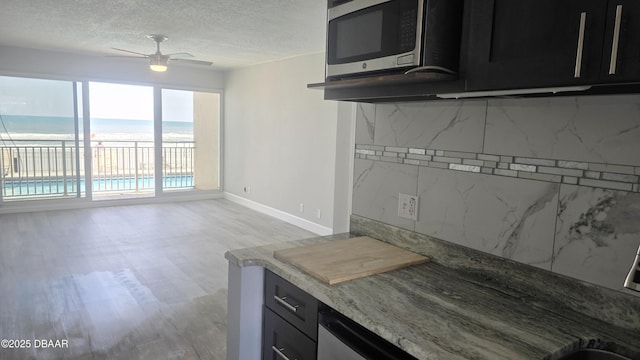 219 S Atlantic Ave Unit 120, Daytona Beach, FL 32118 - kitchen featuring stainless steel microwave, dark cabinets, light wood-style flooring, and ceiling fan
