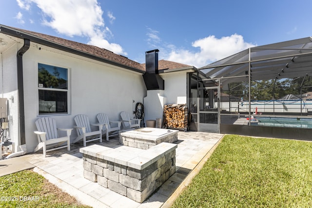 26 Ethel Ln, Palm Coast, FL 32164 - rear view of property with a lawn, a patio, an outdoor pool, stucco siding, and a shingled roof