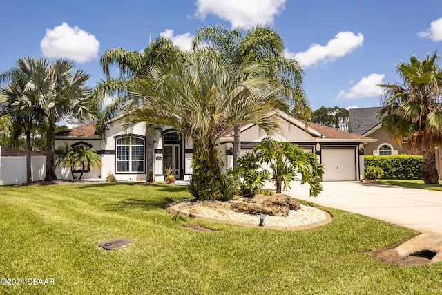 view of front of property featuring a front yard and a garage