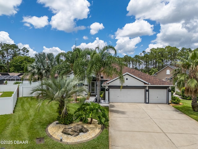 26 Ethel Ln, Palm Coast, FL 32164 - mediterranean / spanish-style house with driveway, fence, an attached garage, stucco siding, and a front yard