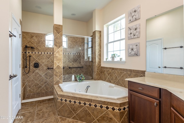 26 Ethel Ln, Palm Coast, FL 32164 - bathroom featuring a shower stall, tile patterned floors, vanity, and a bath