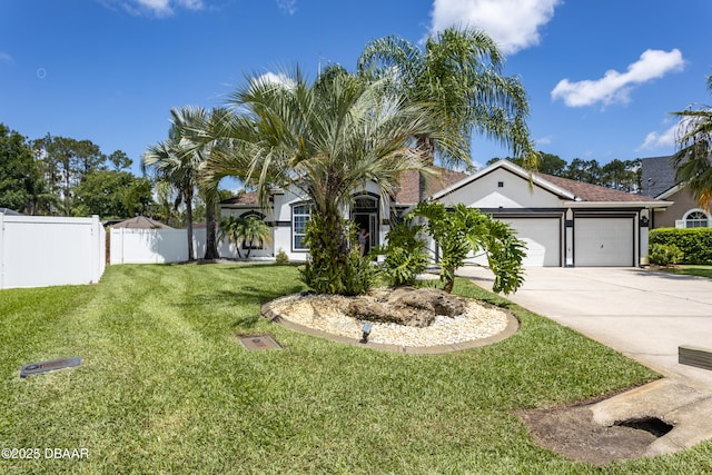 26 Ethel Ln, Palm Coast, FL 32164 - view of front facade featuring a garage, stucco siding, fence, a front lawn, and driveway
