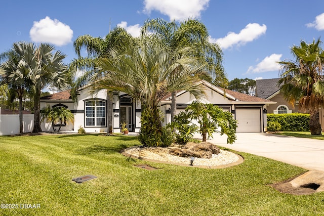 26 Ethel Ln, Palm Coast, FL 32164 - view of front of property with fence, a garage, stucco siding, concrete driveway, and a front lawn