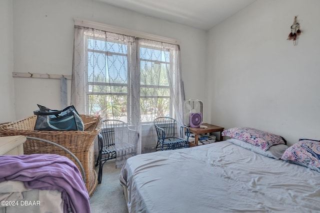 bedroom with lofted ceiling and carpet floors