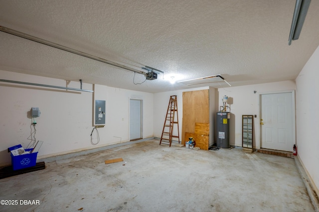 garage featuring water heater, baseboards, a garage door opener, and electric panel