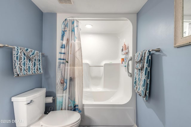 bathroom with toilet and shower / bathtub combination with curtain