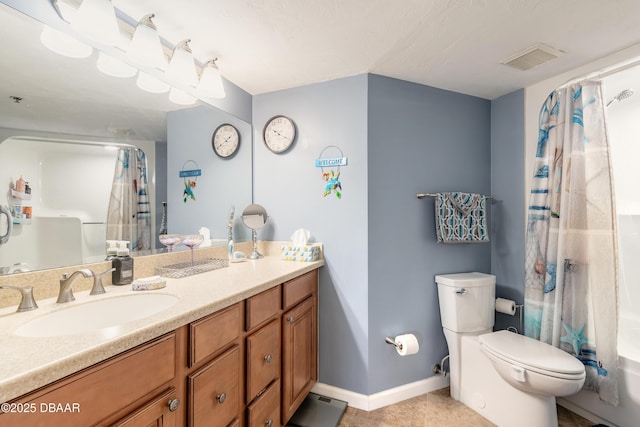 full bathroom with toilet, vanity, and shower / bathtub combination with curtain