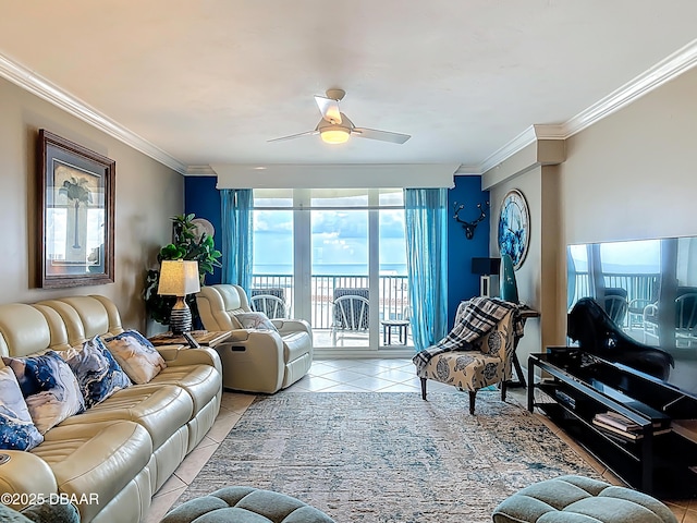 2055 S Atlantic Ave S Unit 1410, Daytona Beach, FL 32118 - living room with light tile patterned flooring, crown molding, and ceiling fan