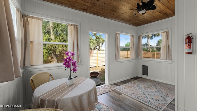 sunroom / solarium with ceiling fan and wooden ceiling