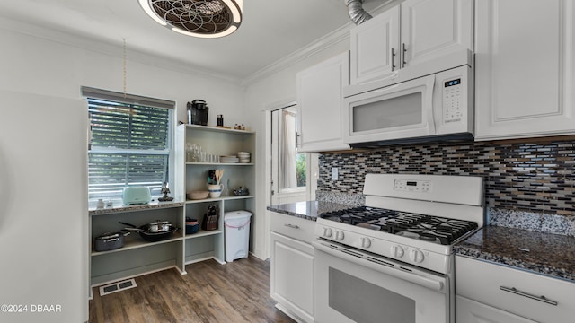 131 Mitchell Pl, Daytona Beach, FL 32118 - kitchen featuring white appliances, open shelves, tasteful backsplash, crown molding, and white cabinets