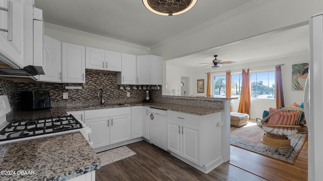 131 Mitchell Pl, Daytona Beach, FL 32118 - kitchen featuring white appliances, a sink, dark wood finished floors, a peninsula, and backsplash
