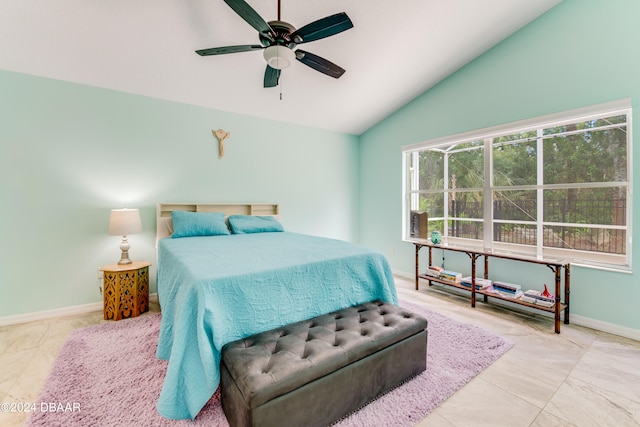 bedroom featuring high vaulted ceiling and ceiling fan