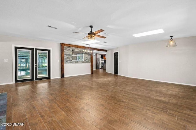 32 Twin River Dr, Ormond Beach, FL 32174 - unfurnished living room with visible vents, a ceiling fan, dark wood finished floors, and baseboards
