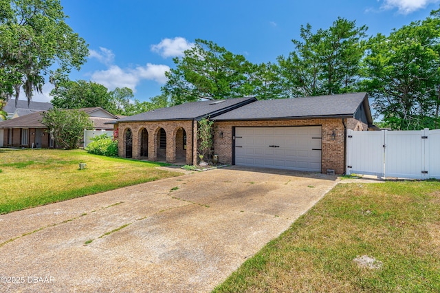 32 Twin River Dr, Ormond Beach, FL 32174 - ranch-style house featuring an attached garage, brick siding, a front yard, a gate, and driveway