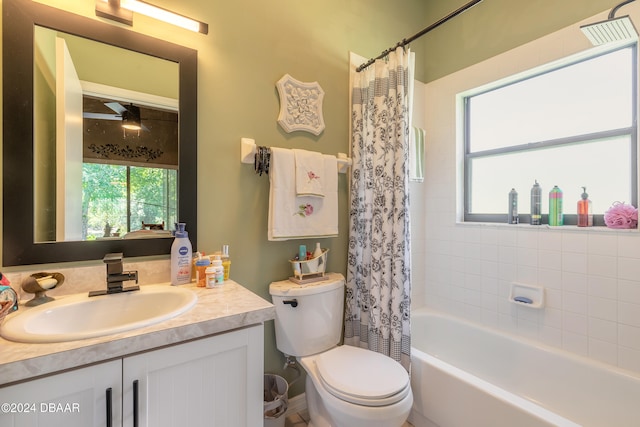 full bathroom with toilet, shower / tub combo with curtain, and vanity