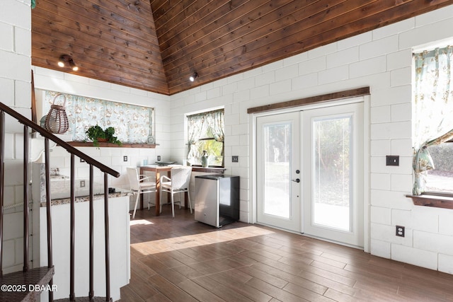 entrance foyer featuring a towering ceiling, dark hardwood / wood-style floors, and french doors