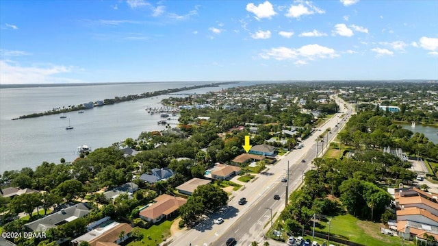 drone / aerial view featuring a water view