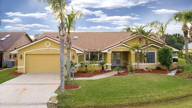 ranch-style home with a garage, a front yard, and central AC