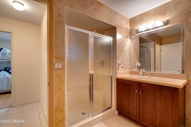 bathroom with walk in shower, tile patterned flooring, and a textured ceiling