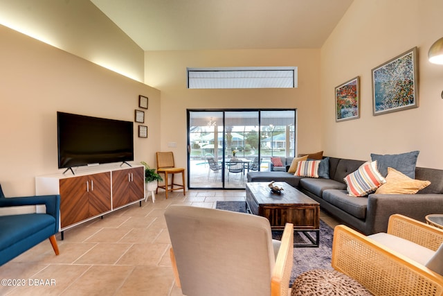 tiled living room with a high ceiling