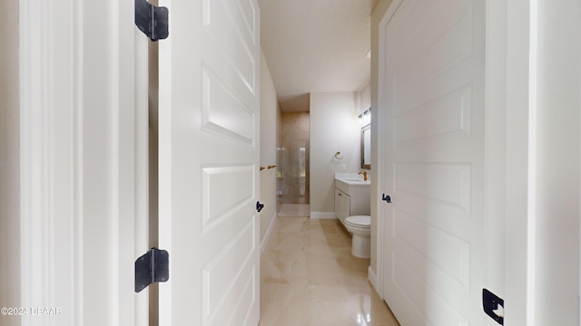 bathroom with vanity, toilet, and walk in shower