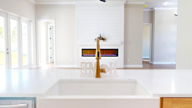 interior details with hardwood / wood-style floors, ornamental molding, and a fireplace