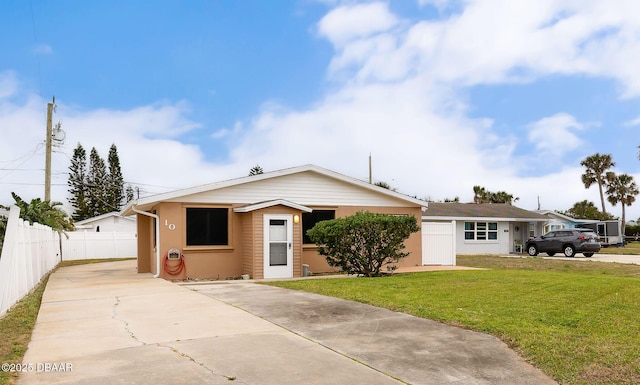 view of front of house featuring a front lawn, fence, and stucco siding