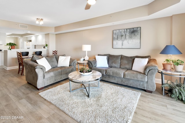 4670 Links Village Dr Unit A506, Ponce Inlet, FL 32127 - living room with a ceiling fan, baseboards, visible vents, and light wood finished floors