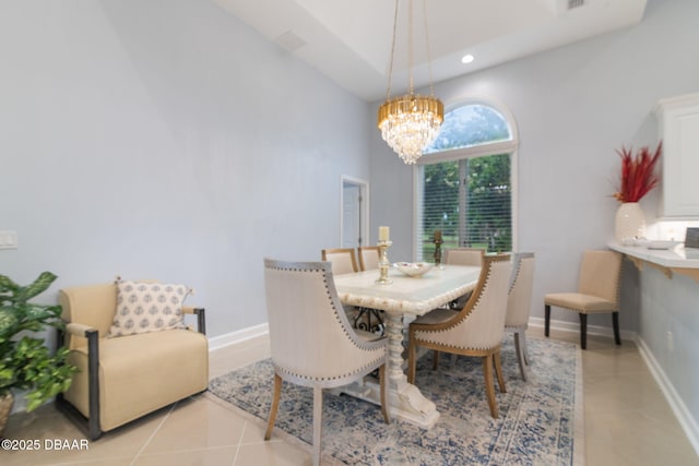 dining room featuring light tile patterned flooring, high vaulted ceiling, a notable chandelier, and recessed lighting