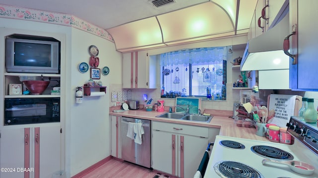 kitchen featuring light hardwood / wood-style floors, sink, dishwasher, decorative backsplash, and electric stove