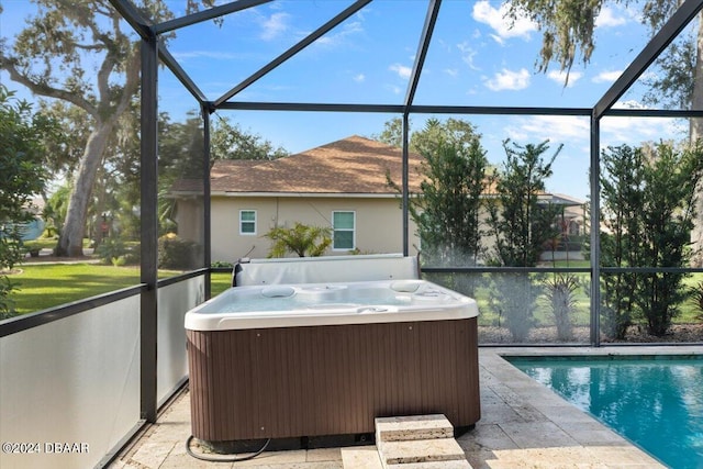 sunroom featuring a hot tub