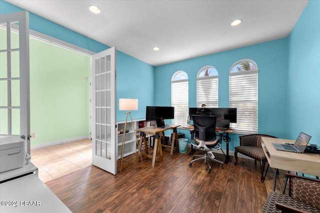 office area featuring dark wood-type flooring and french doors