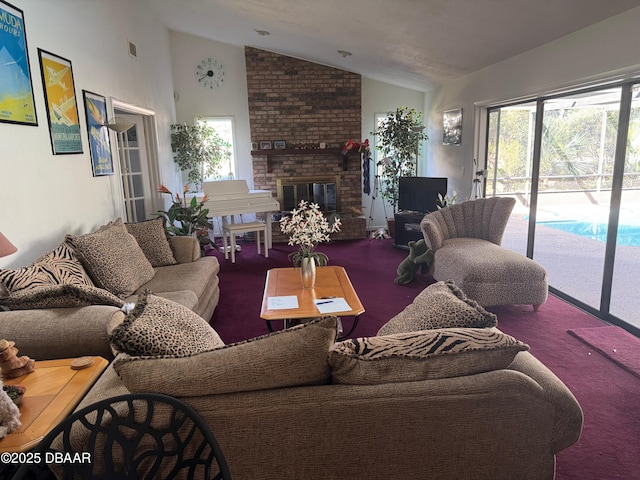 carpeted living room featuring visible vents, a brick fireplace, and vaulted ceiling