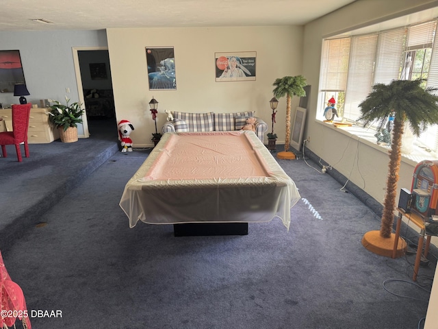 recreation room featuring pool table, baseboards, and carpet floors