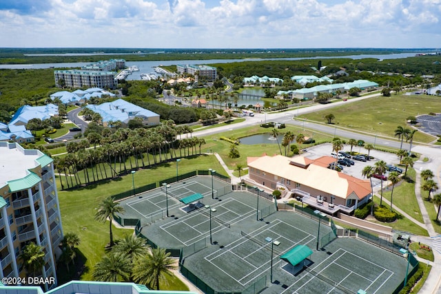 drone / aerial view with a water view