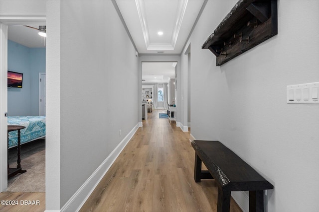 corridor featuring light wood-type flooring and a raised ceiling