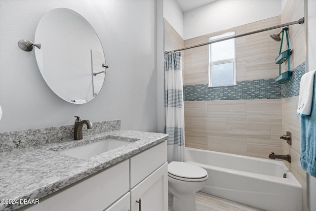 full bathroom with toilet, vanity, and shower / bathtub combination with curtain