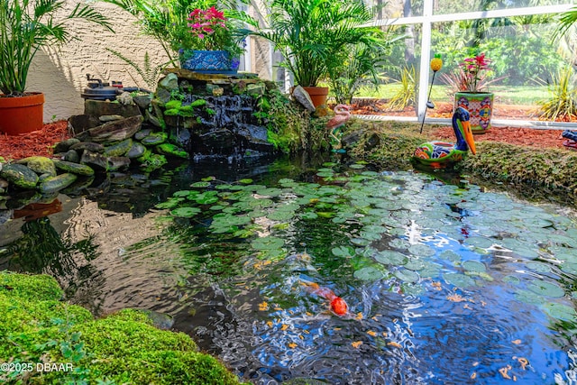 view of yard with a small pond