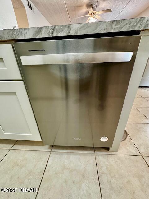 room details featuring stainless steel dishwasher and white cabinets