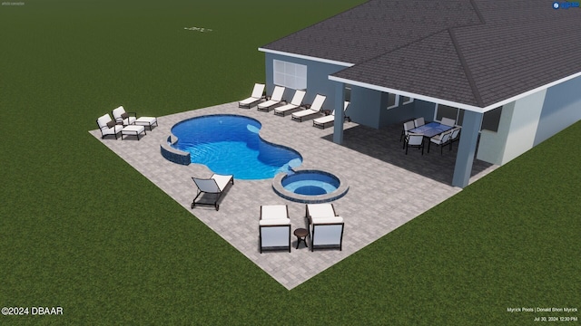 view of pool with a yard, a patio, a water view, and an in ground hot tub