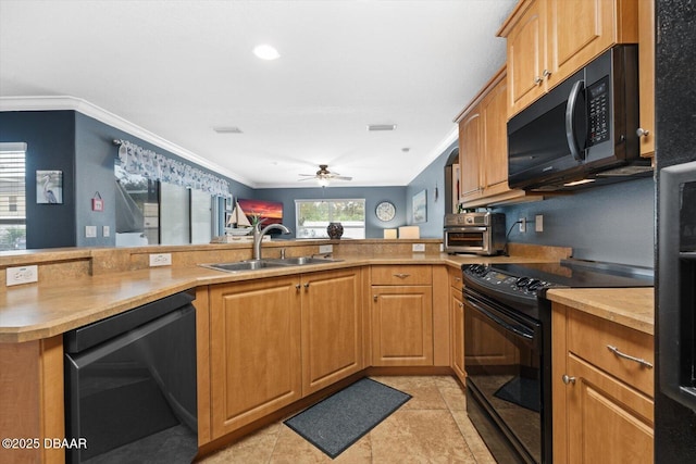 kitchen with black appliances, sink, kitchen peninsula, light tile patterned flooring, and crown molding