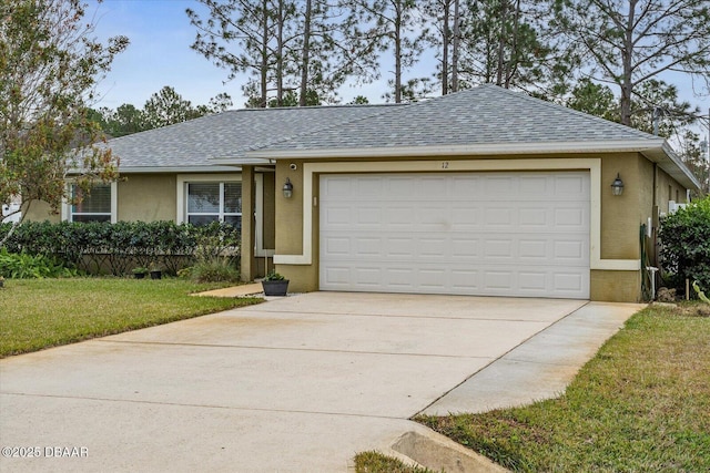 ranch-style house featuring a garage and a front yard