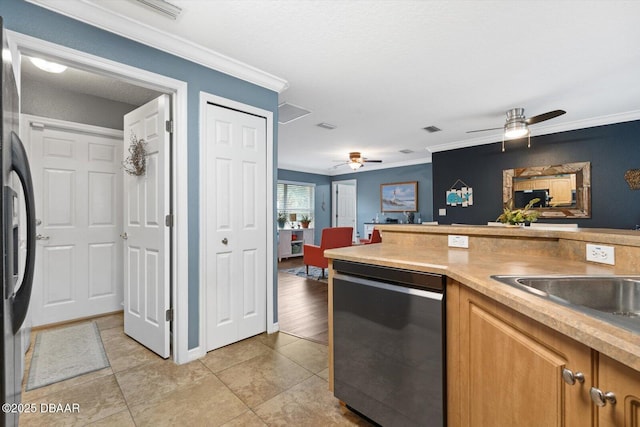 kitchen with dishwasher, crown molding, and stainless steel refrigerator