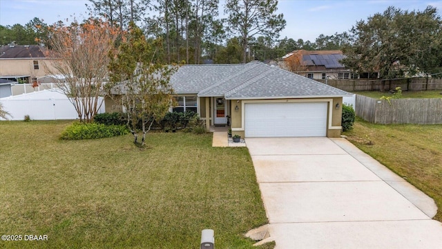 ranch-style house with a garage and a front yard