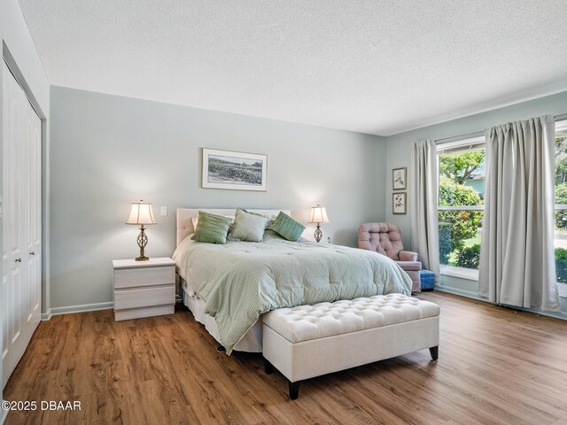257 Sweet Bay Ave, New Smyrna Beach, FL 32168 - bedroom with wood finished floors, a textured ceiling, a closet, and baseboards
